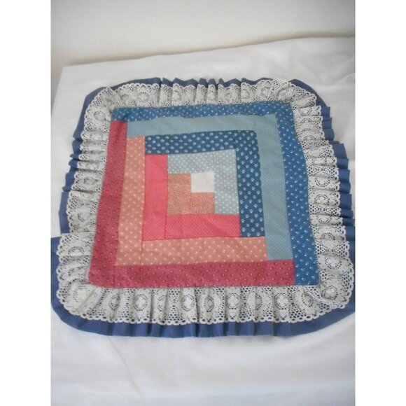 Vtg Handmade Quilted Amish Log Cabin Pattern Throw Pillow cover Blue 17 X 17 - Picture 1 of 6